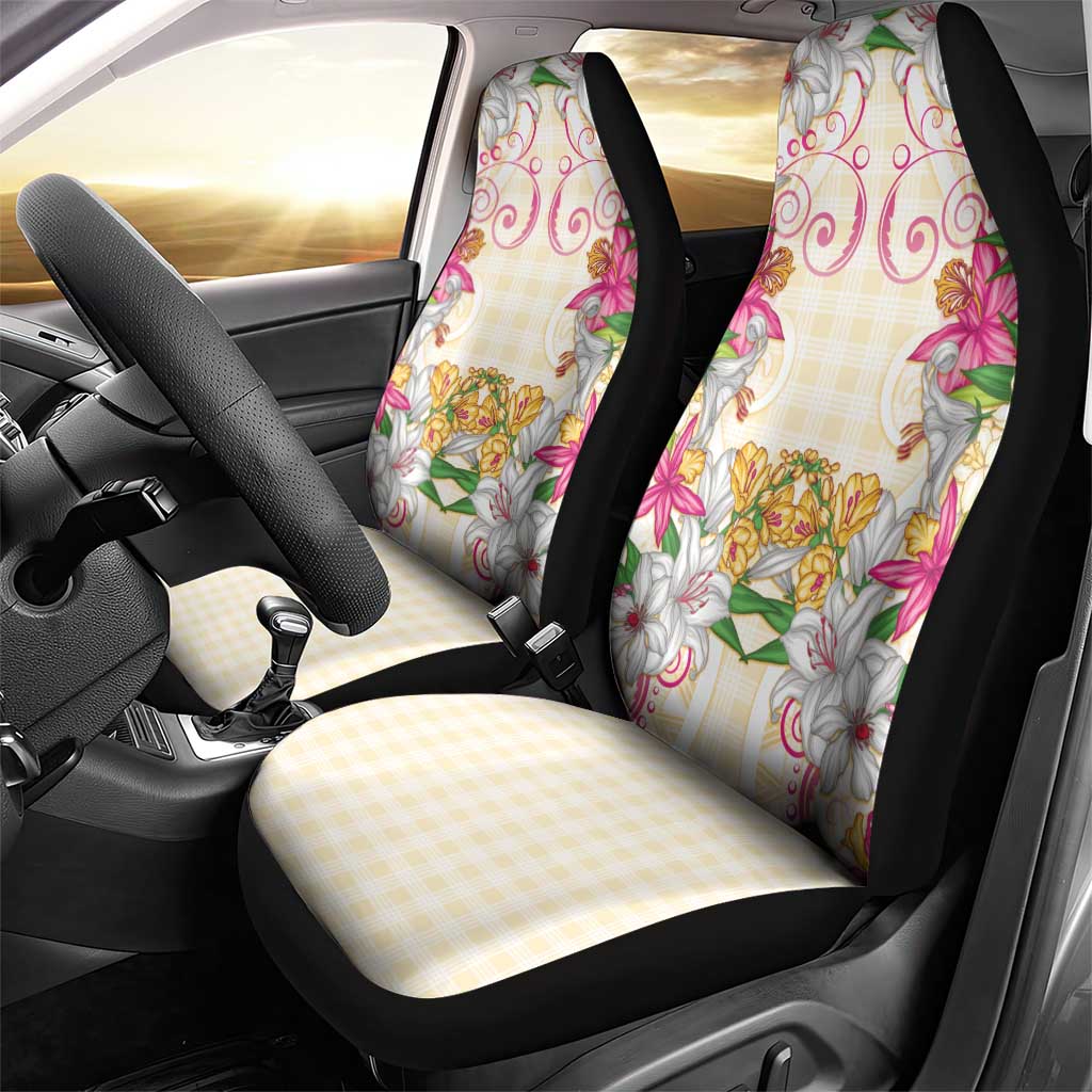 Hawaii Palaka Car Seat Cover Yellow Tribal Pattern With Tropical Flowers - Polynesian Pride