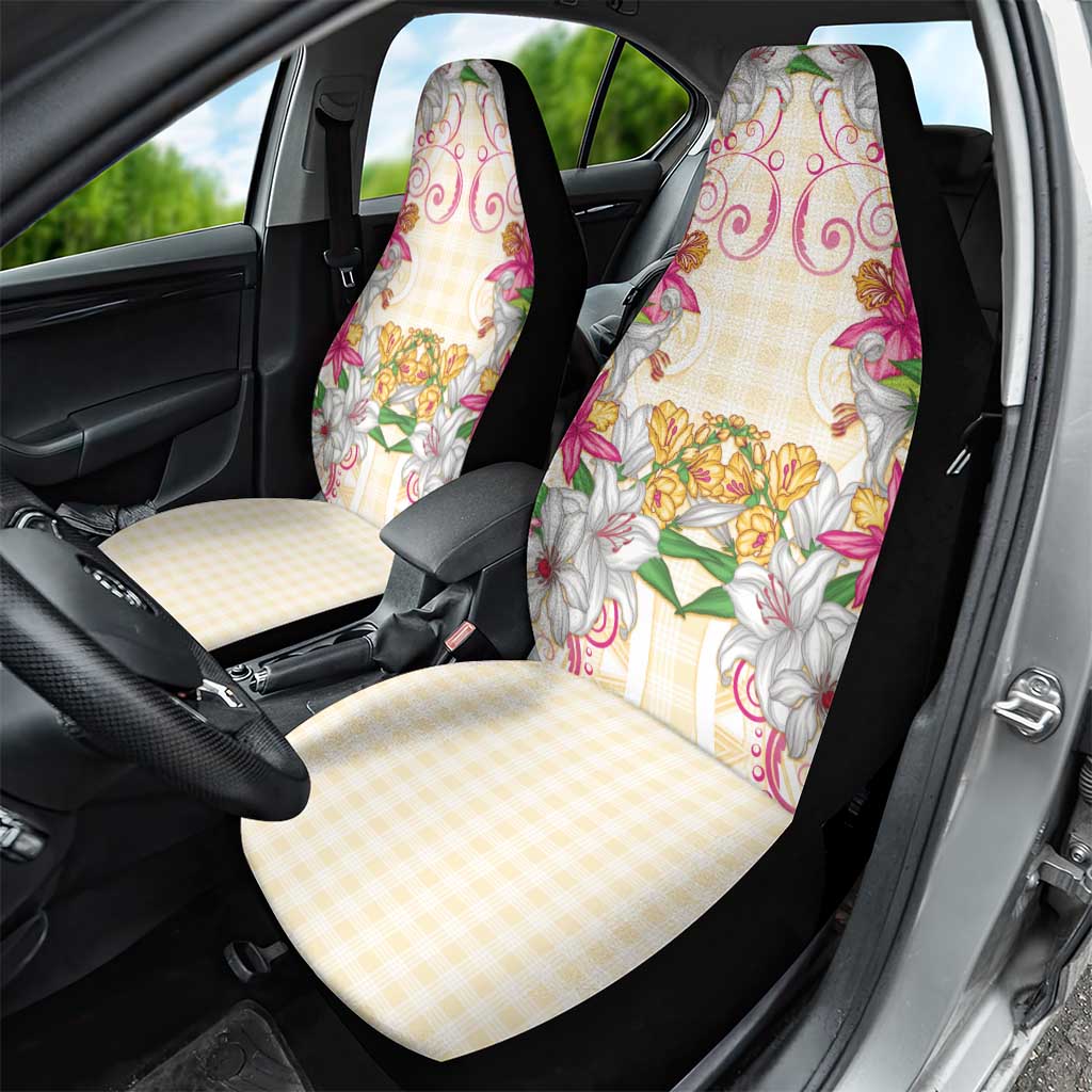 Hawaii Palaka Car Seat Cover Yellow Tribal Pattern With Tropical Flowers - Polynesian Pride