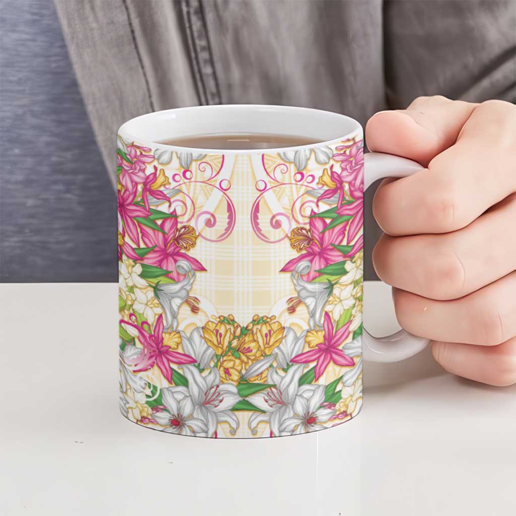 Hawaii Palaka Ceramic Mug Yellow Tribal Pattern With Tropical Flowers - Polynesian Pride