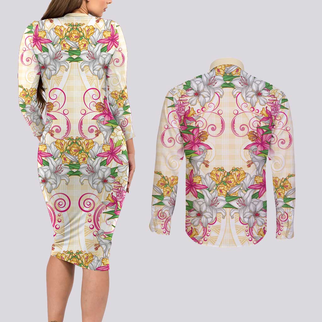 Hawaii Palaka Couples Matching Long Sleeve Bodycon Dress and Long Sleeve Button Shirt Yellow Tribal Pattern With Tropical Flowers - Polynesian Pride