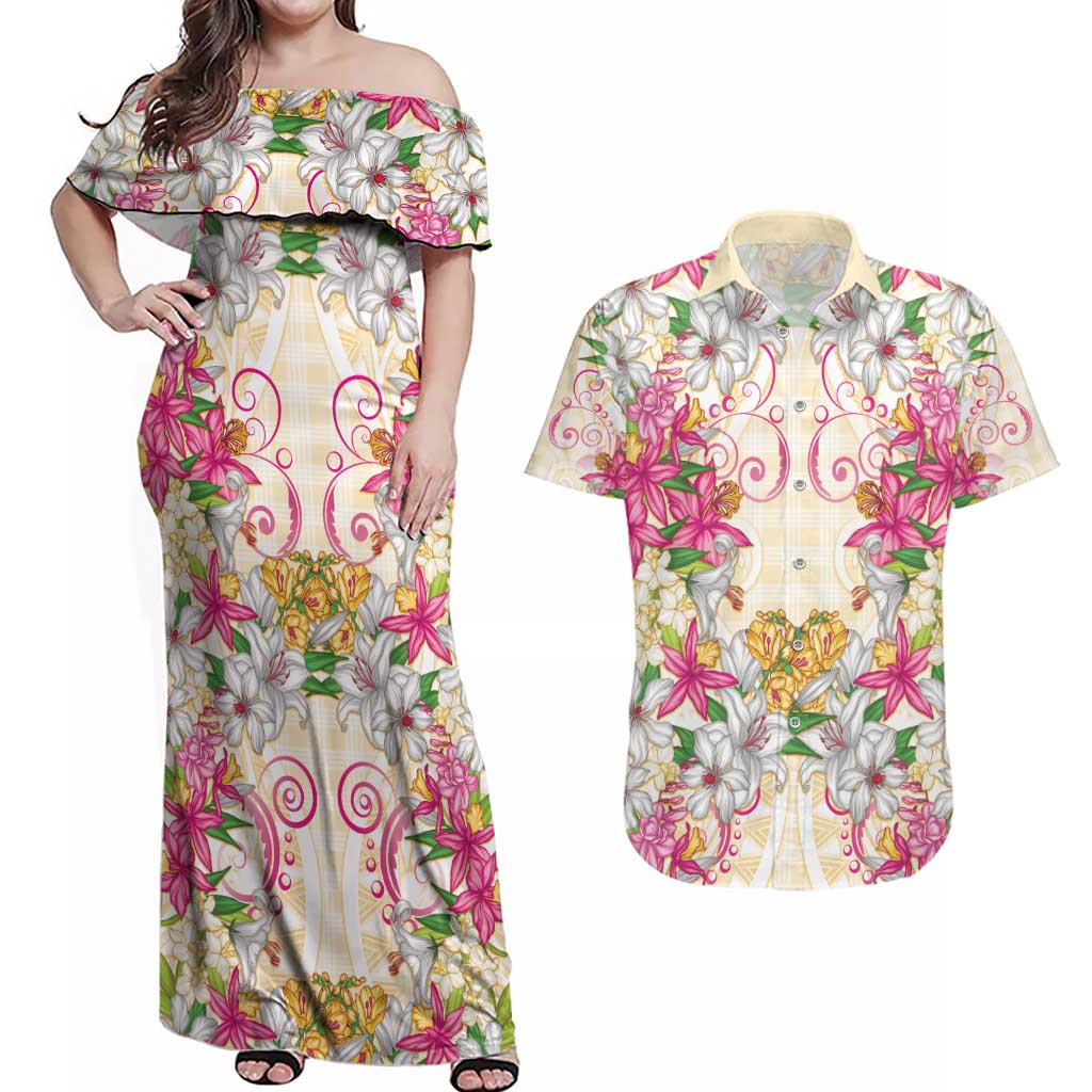Hawaii Palaka Couples Matching Off Shoulder Maxi Dress and Hawaiian Shirt Yellow Tribal Pattern With Tropical Flowers - Polynesian Pride