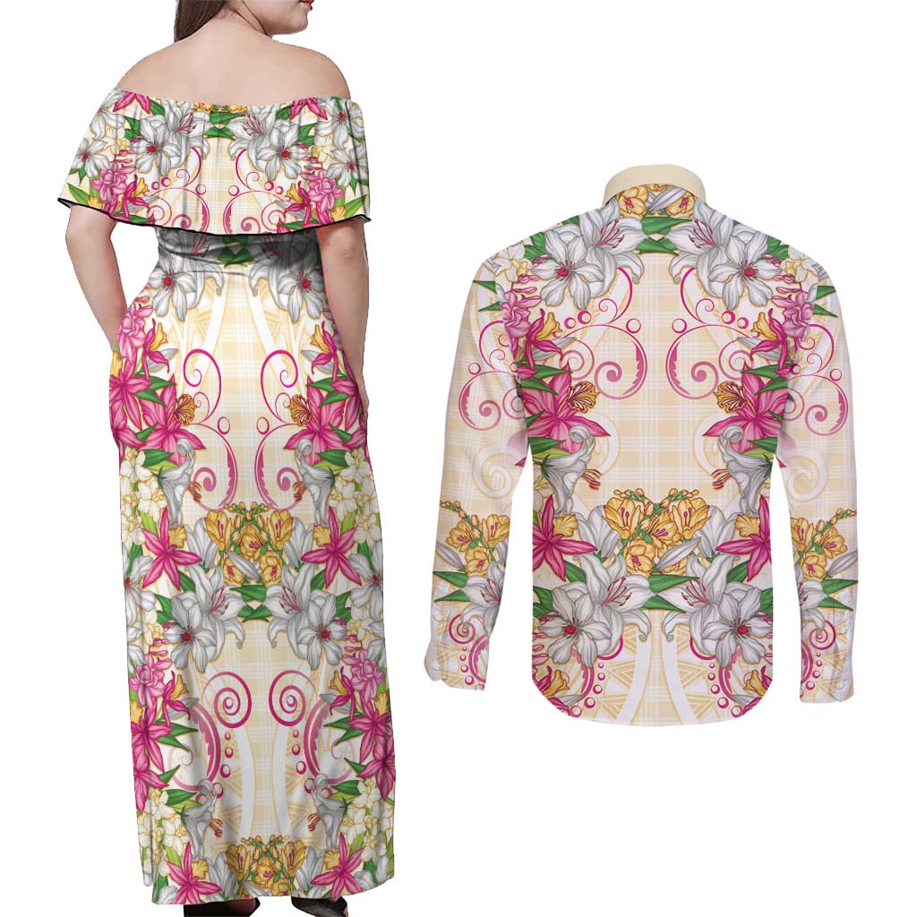 Hawaii Palaka Couples Matching Off Shoulder Maxi Dress and Long Sleeve Button Shirt Yellow Tribal Pattern With Tropical Flowers - Polynesian Pride