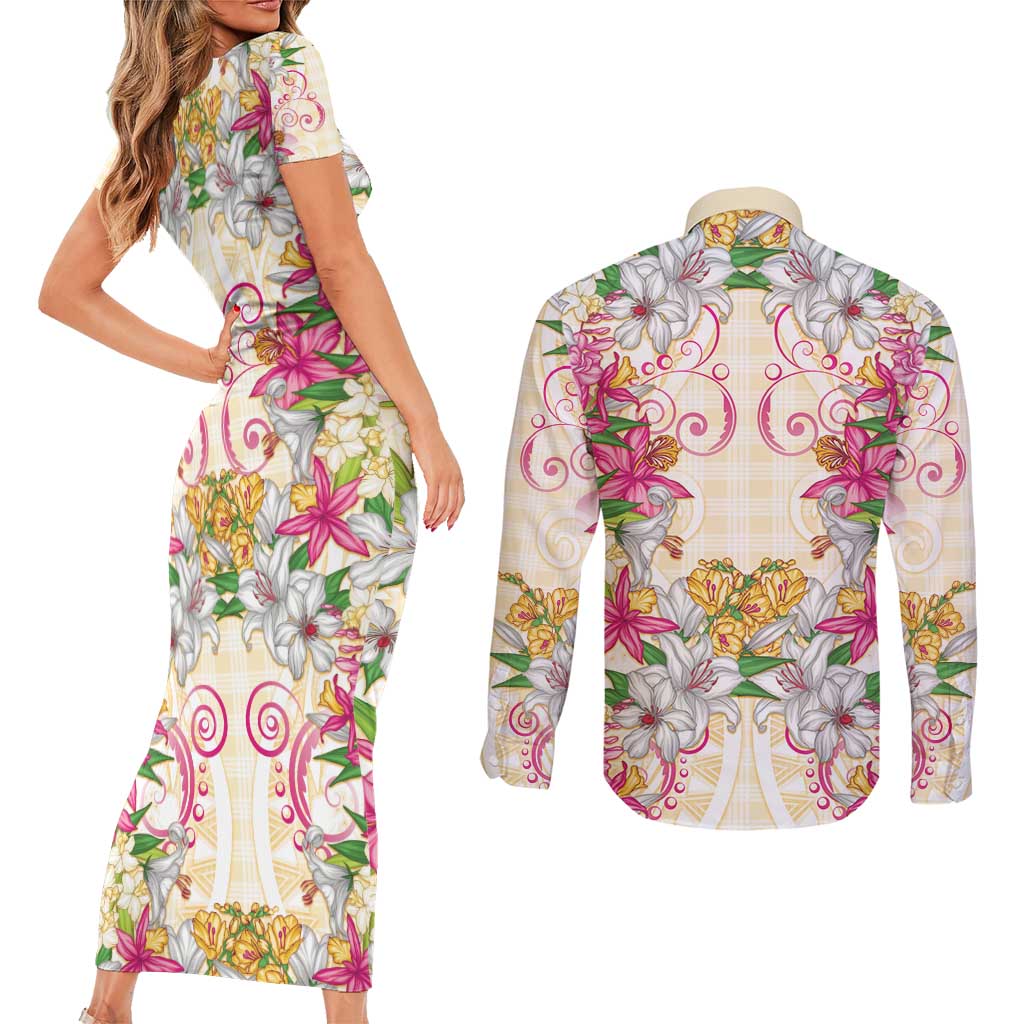 Hawaii Palaka Couples Matching Short Sleeve Bodycon Dress and Long Sleeve Button Shirt Yellow Tribal Pattern With Tropical Flowers - Polynesian Pride
