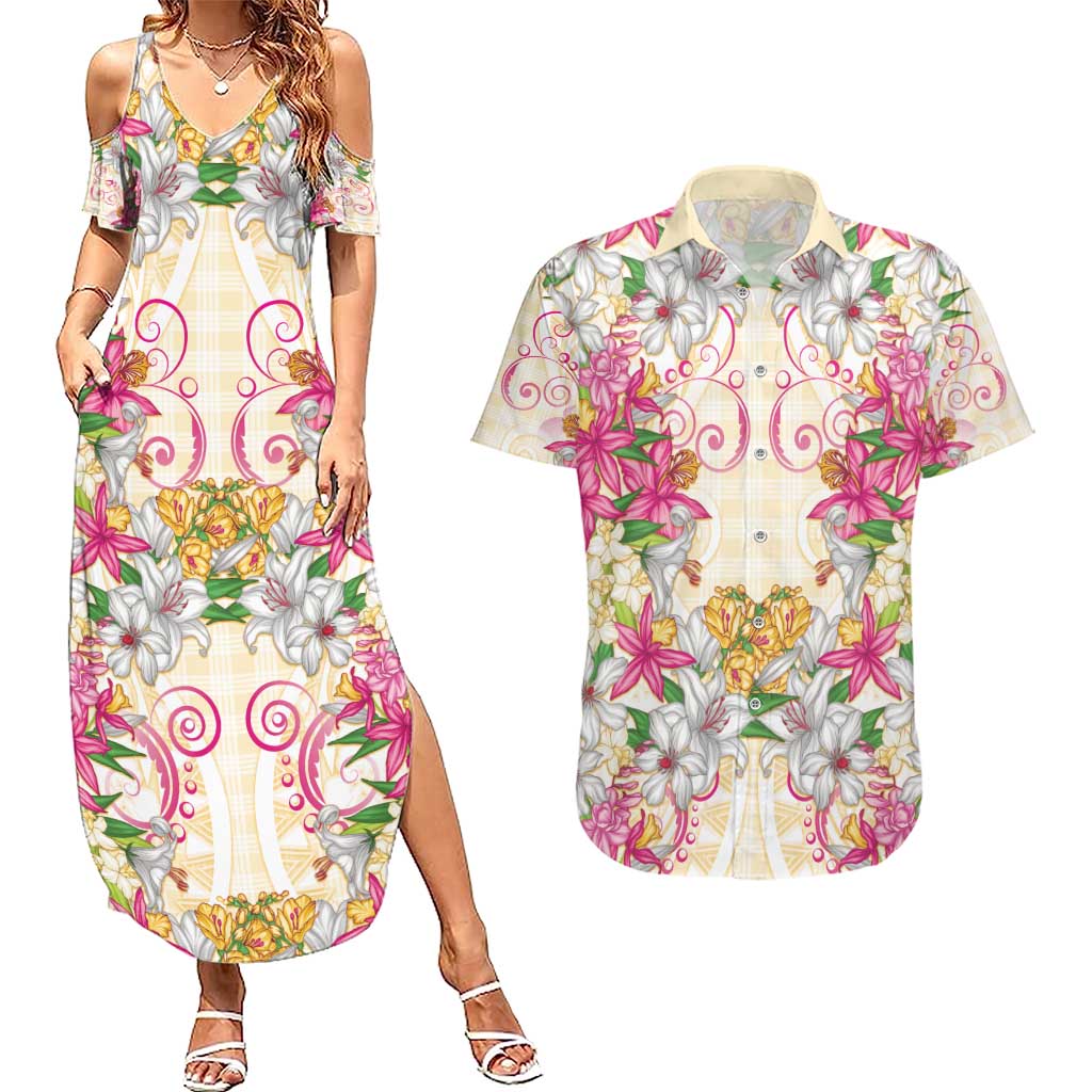 Hawaii Palaka Couples Matching Summer Maxi Dress and Hawaiian Shirt Yellow Tribal Pattern With Tropical Flowers - Polynesian Pride