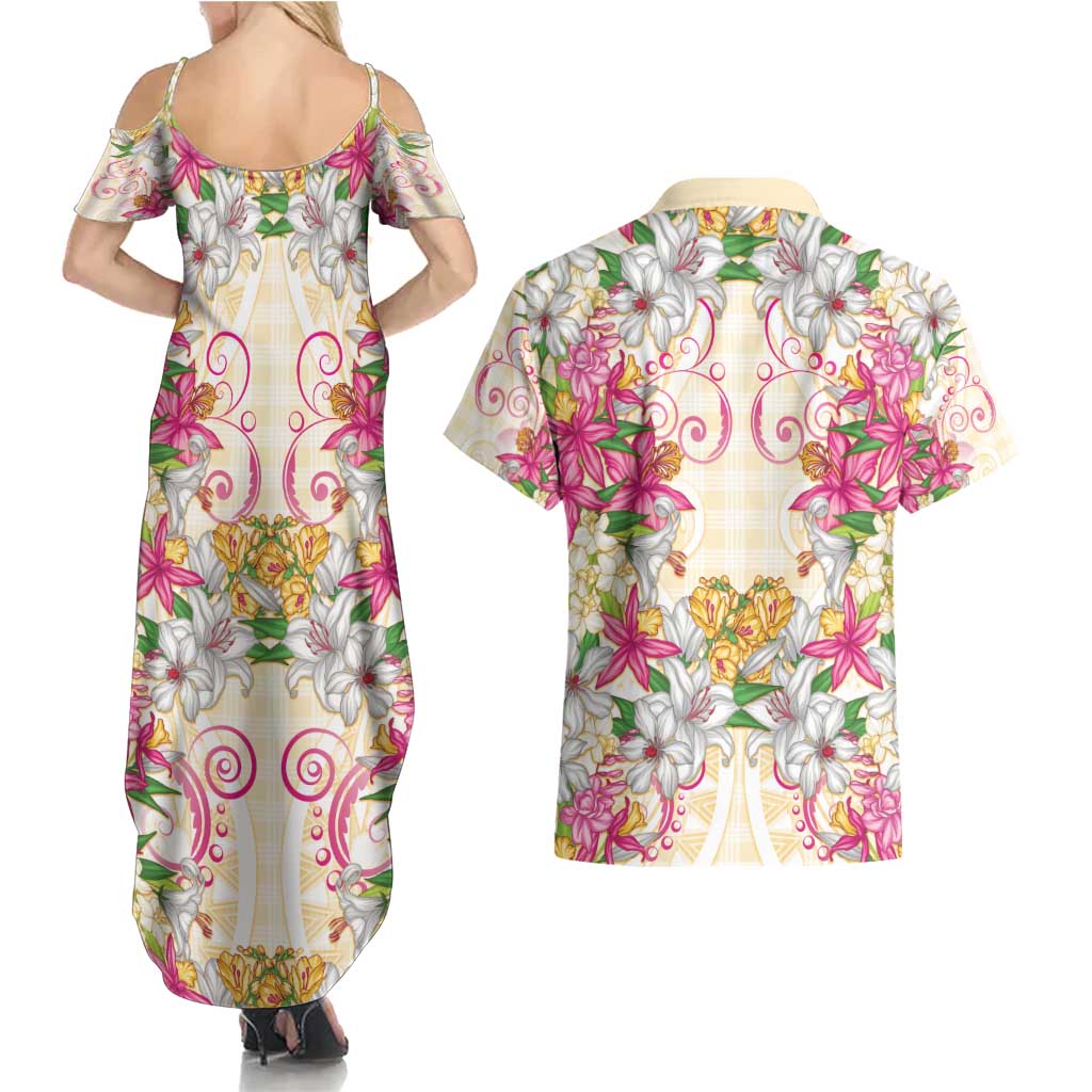 Hawaii Palaka Couples Matching Summer Maxi Dress and Hawaiian Shirt Yellow Tribal Pattern With Tropical Flowers - Polynesian Pride