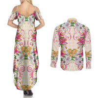 Hawaii Palaka Couples Matching Summer Maxi Dress and Long Sleeve Button Shirt Yellow Tribal Pattern With Tropical Flowers - Polynesian Pride