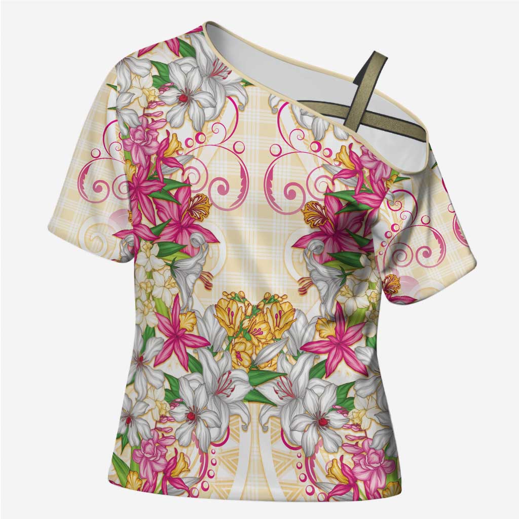 Hawaii Palaka Cross Shoulder Shirt Yellow Tribal Pattern With Tropical Flowers - Polynesian Pride