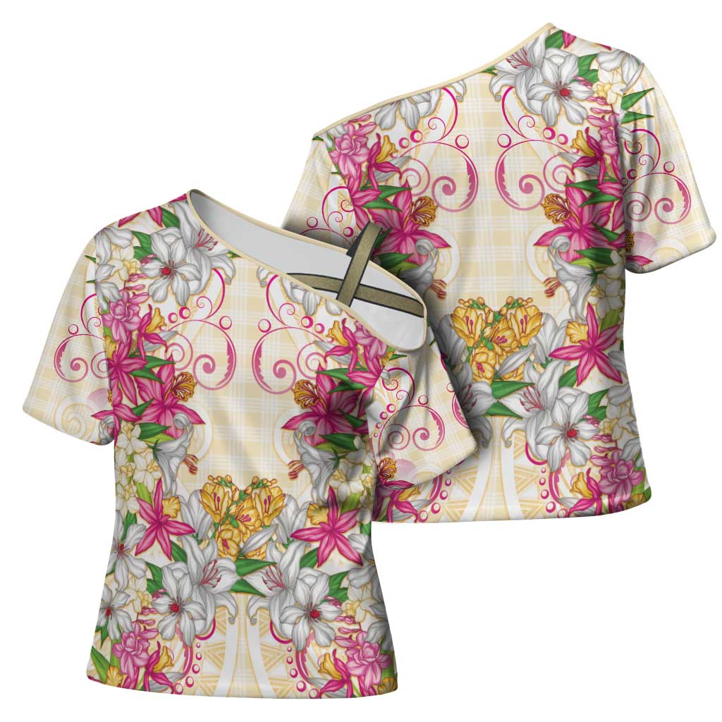 Hawaii Palaka Cross Shoulder Shirt Yellow Tribal Pattern With Tropical Flowers - Polynesian Pride