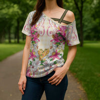 Hawaii Palaka Cross Shoulder Shirt Yellow Tribal Pattern With Tropical Flowers - Polynesian Pride