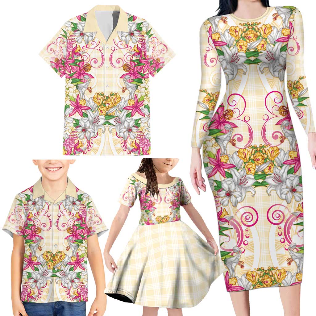 Hawaii Palaka Family Matching Long Sleeve Bodycon Dress and Hawaiian Shirt Yellow Tribal Pattern With Tropical Flowers - Polynesian Pride