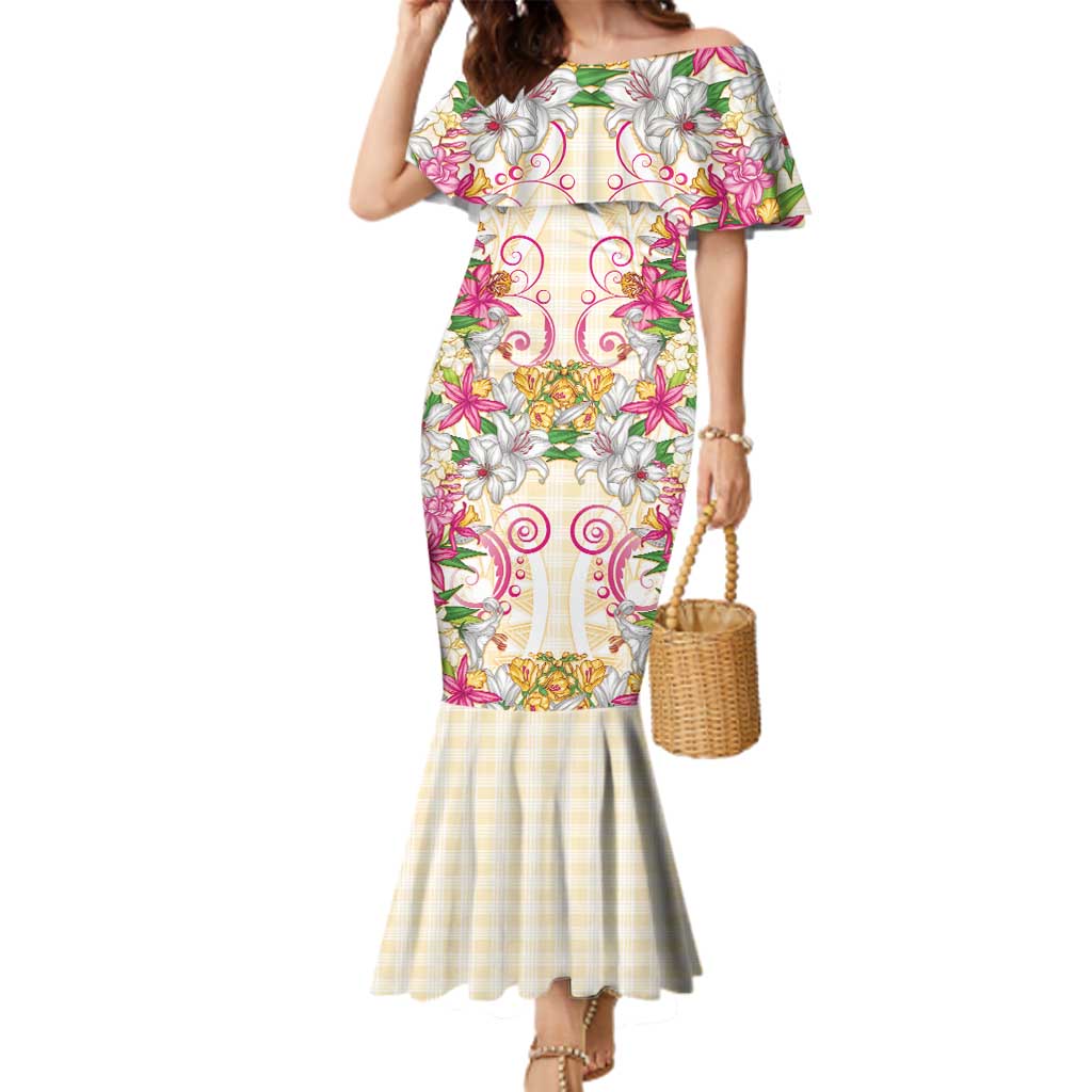 Hawaii Palaka Family Matching Mermaid Dress and Hawaiian Shirt Yellow Tribal Pattern With Tropical Flowers - Polynesian Pride