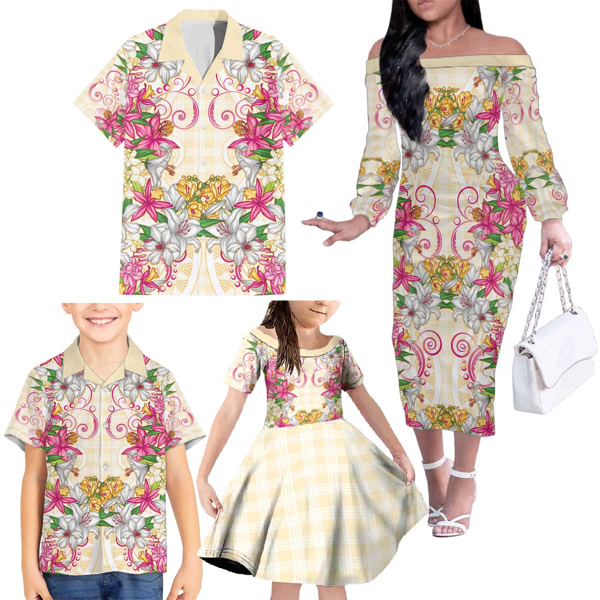 Hawaii Palaka Family Matching Off The Shoulder Long Sleeve Dress and Hawaiian Shirt Yellow Tribal Pattern With Tropical Flowers - Polynesian Pride