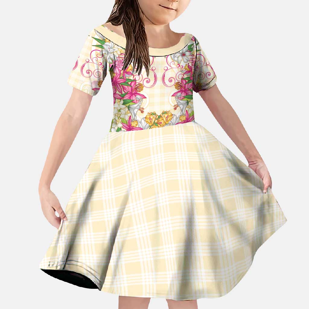 Hawaii Palaka Family Matching Off Shoulder Maxi Dress and Hawaiian Shirt Yellow Tribal Pattern With Tropical Flowers - Polynesian Pride