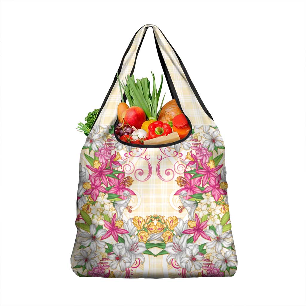 Hawaii Palaka Grocery Bag Yellow Tribal Pattern With Tropical Flowers - Polynesian Pride