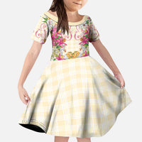 Hawaii Palaka Kid Short Sleeve Dress Yellow Tribal Pattern With Tropical Flowers - Polynesian Pride