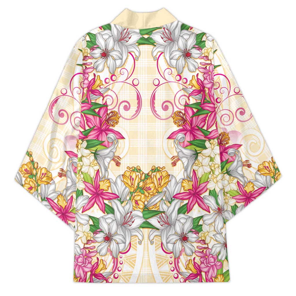 Hawaii Palaka Kimono Yellow Tribal Pattern With Tropical Flowers - Polynesian Pride