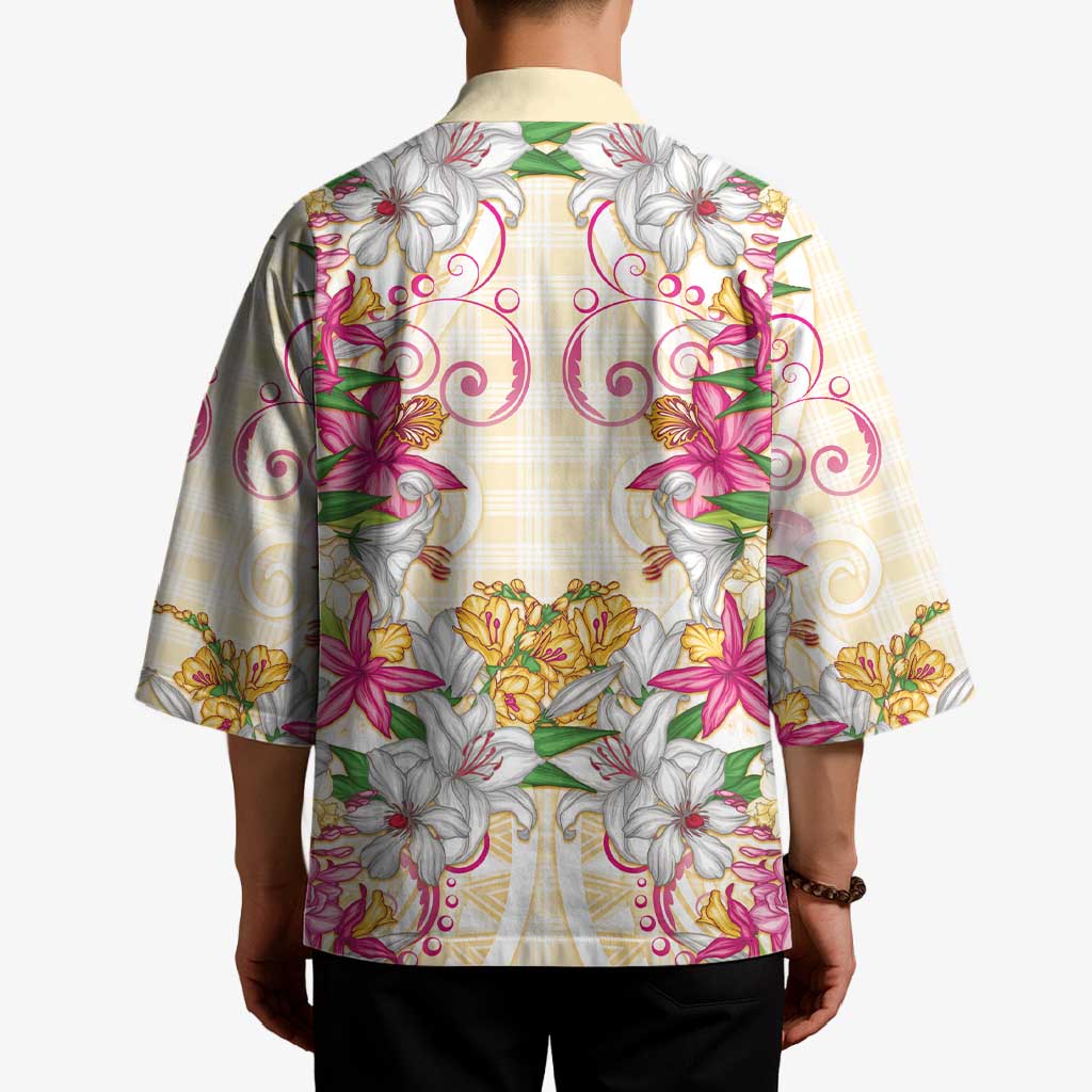 Hawaii Palaka Kimono Yellow Tribal Pattern With Tropical Flowers - Polynesian Pride