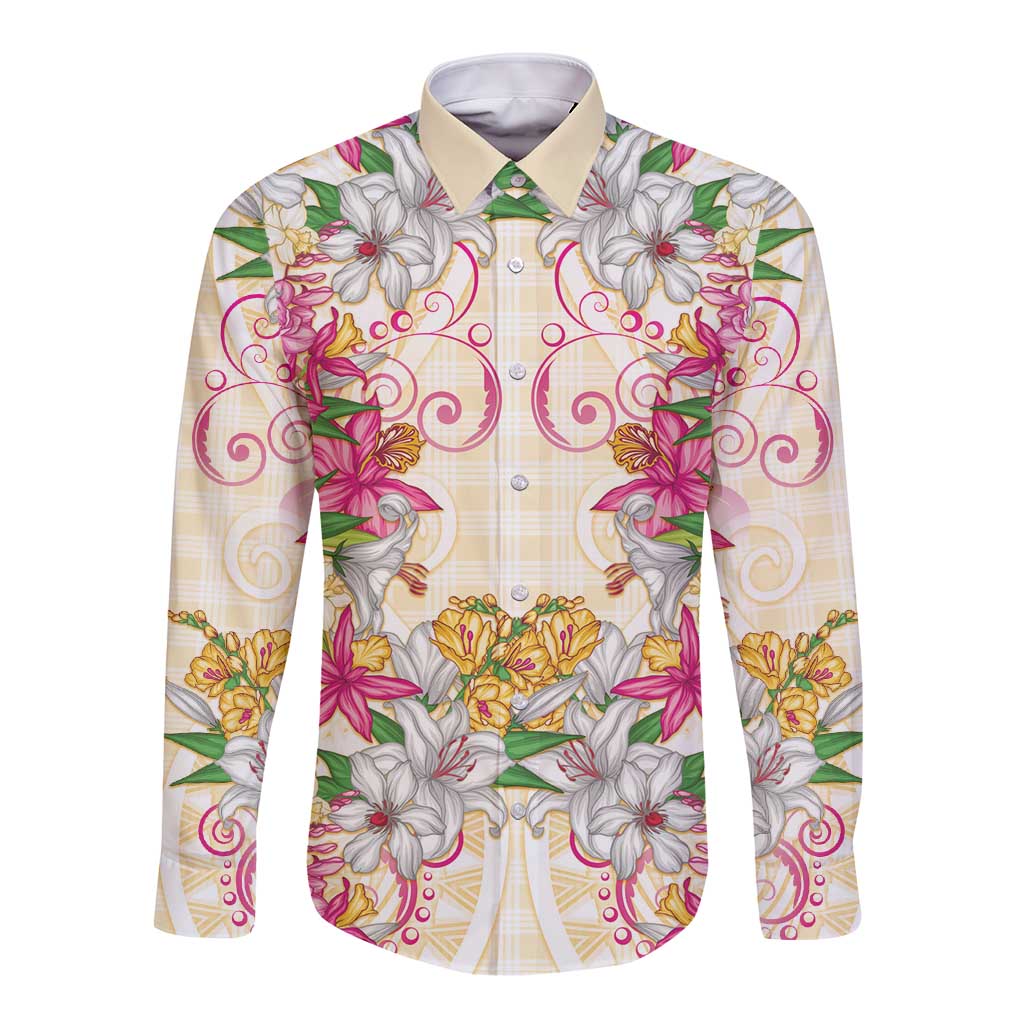 Hawaii Palaka Long Sleeve Button Shirt Yellow Tribal Pattern With Tropical Flowers - Polynesian Pride