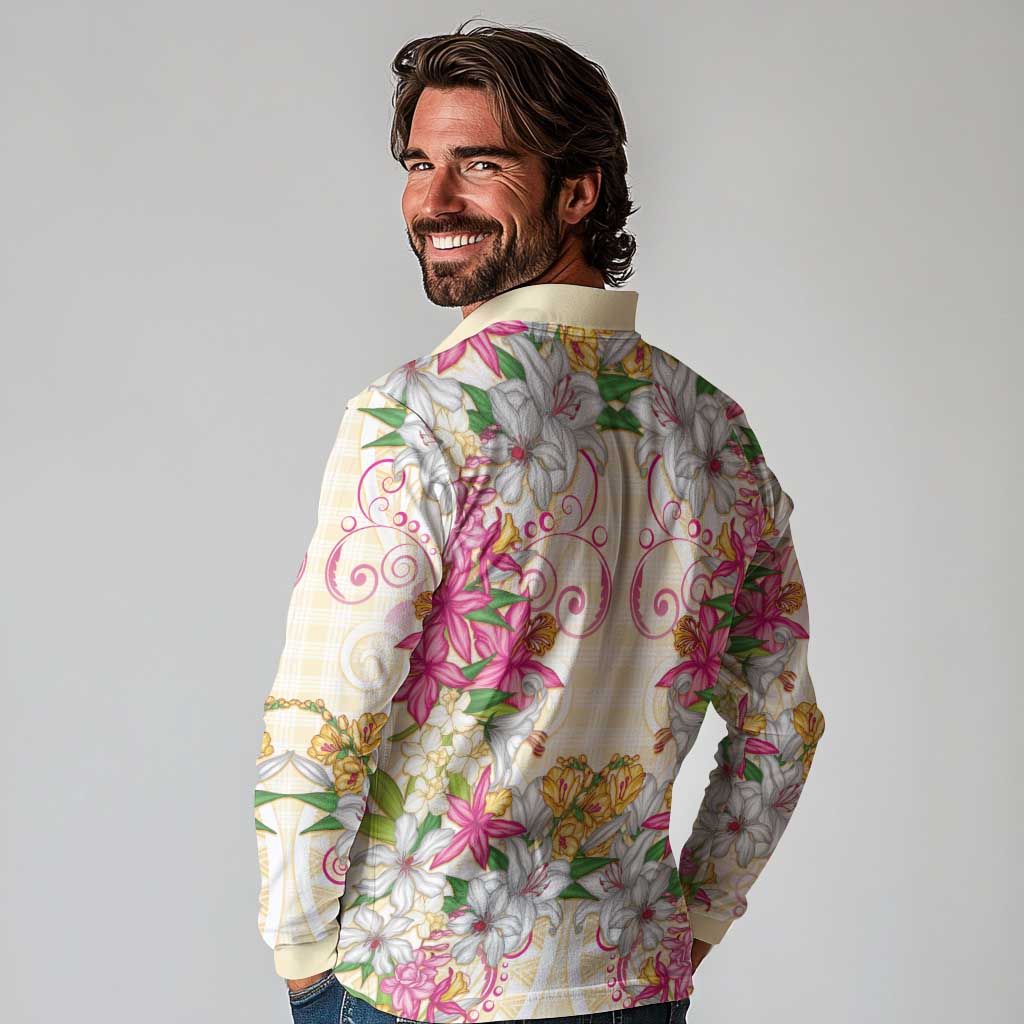 Hawaii Palaka Long Sleeve Polo Shirt Yellow Tribal Pattern With Tropical Flowers - Polynesian Pride