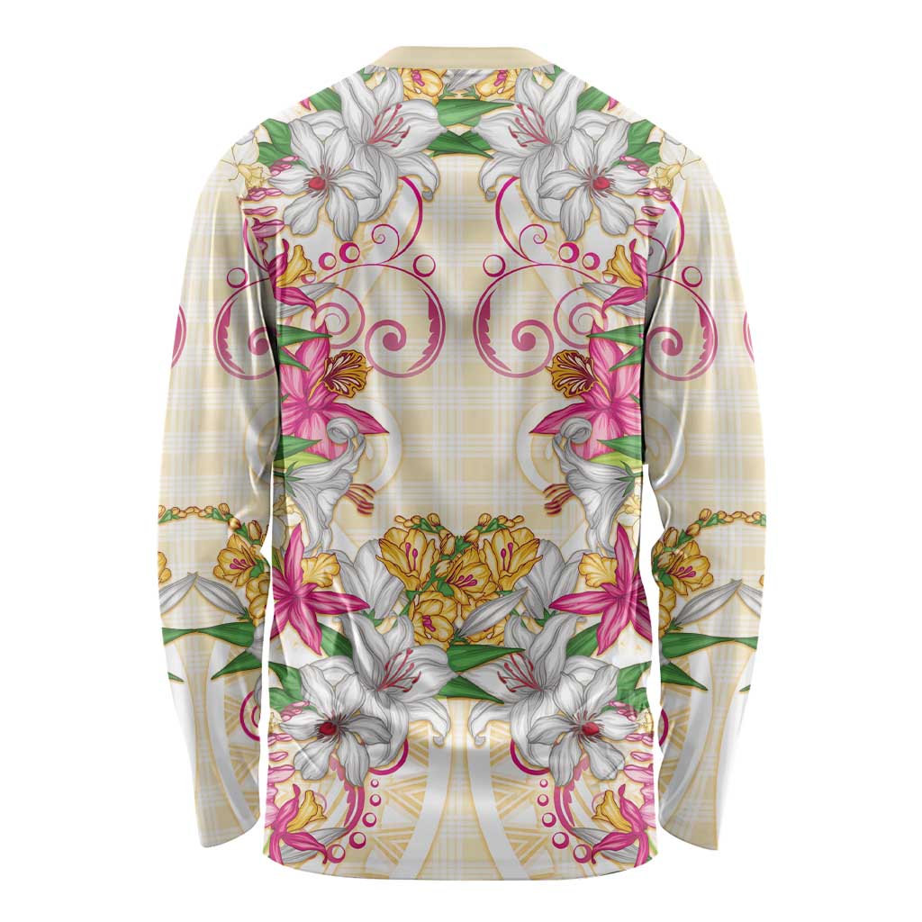 Hawaii Palaka Long Sleeve Shirt Yellow Tribal Pattern With Tropical Flowers - Polynesian Pride