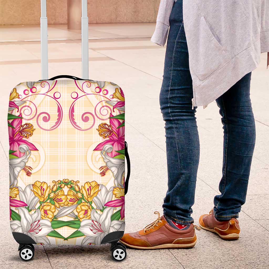 Hawaii Palaka Luggage Cover Yellow Tribal Pattern With Tropical Flowers - Polynesian Pride