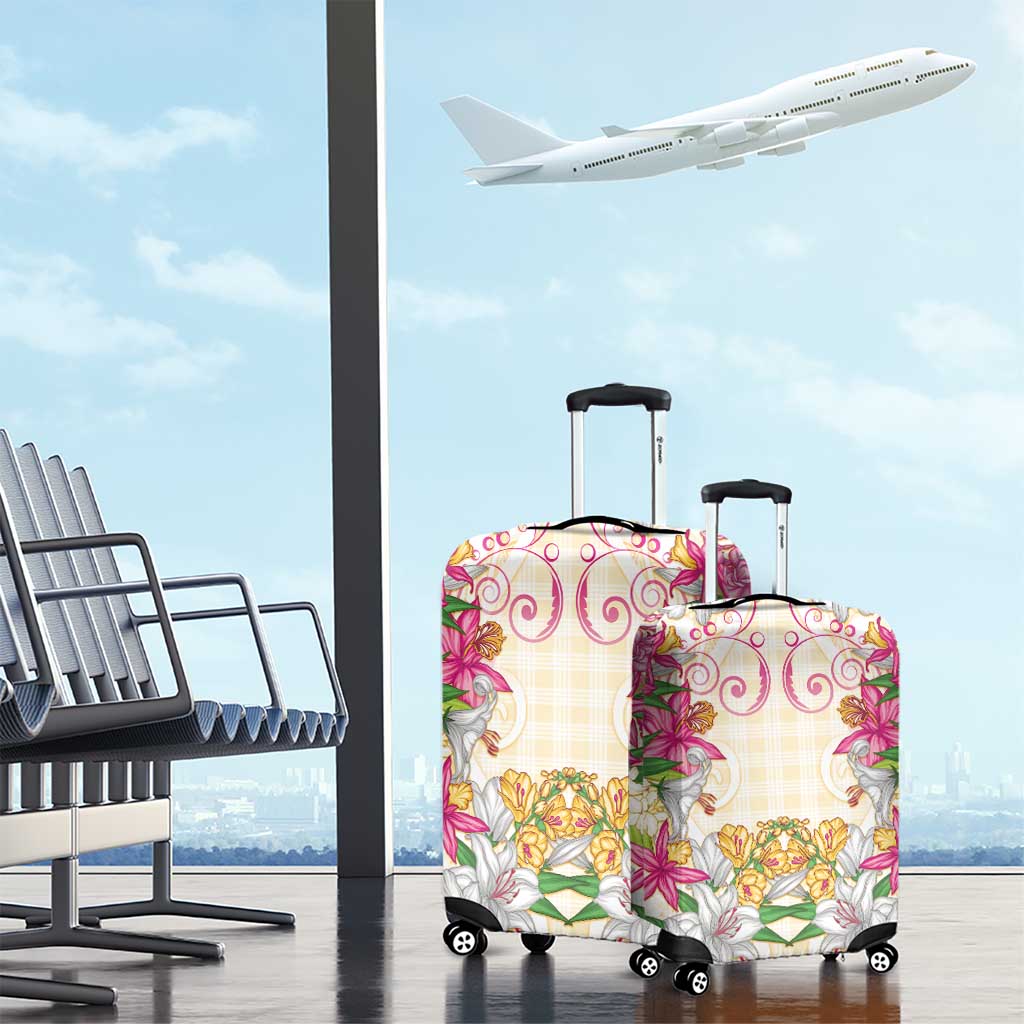 Hawaii Palaka Luggage Cover Yellow Tribal Pattern With Tropical Flowers - Polynesian Pride