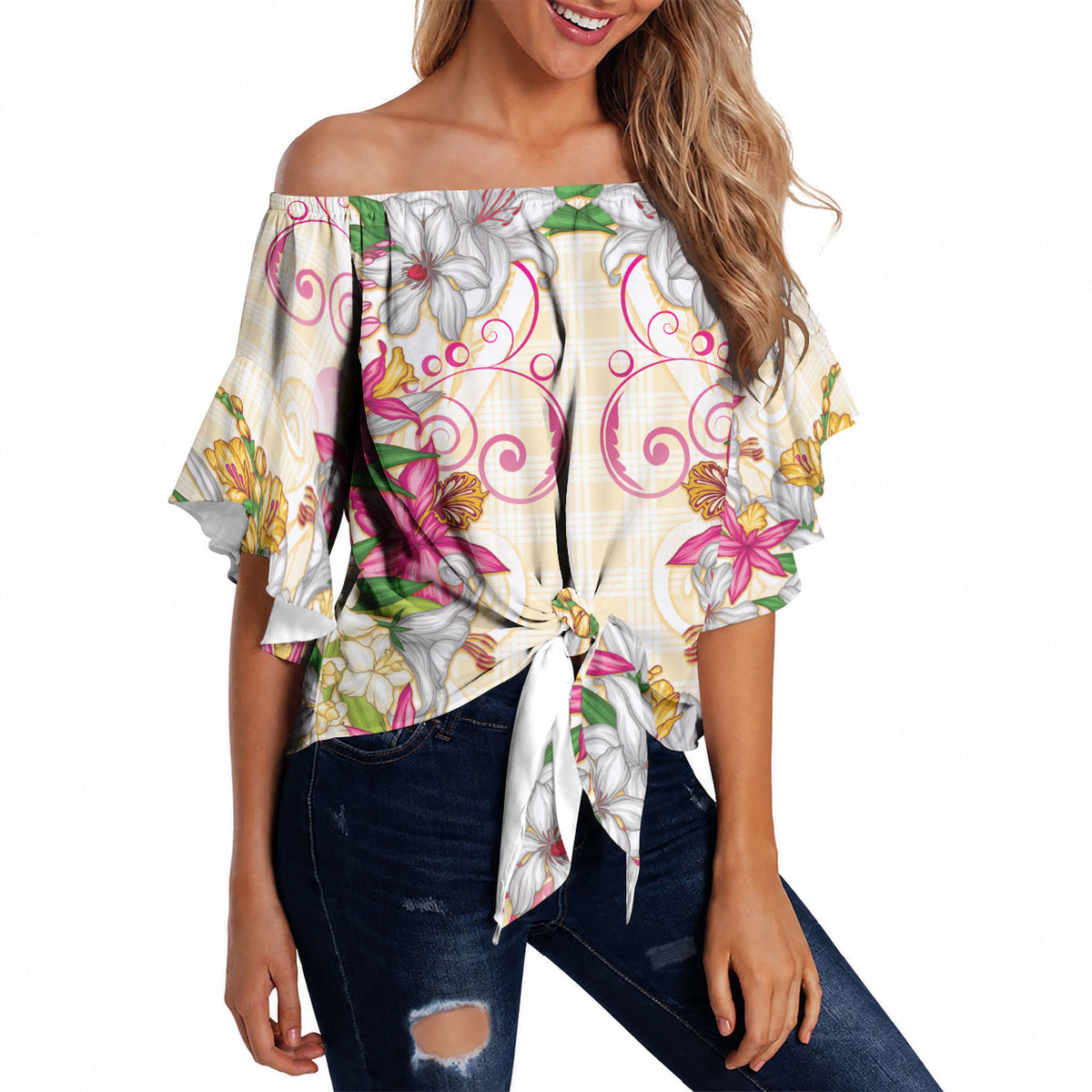 Hawaii Palaka Off Shoulder Wrap Waist Top Yellow Tribal Pattern With Tropical Flowers LT05 - Polynesian Pride