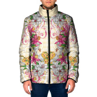 Hawaii Palaka Padded Jacket Yellow Tribal Pattern With Tropical Flowers - Polynesian Pride
