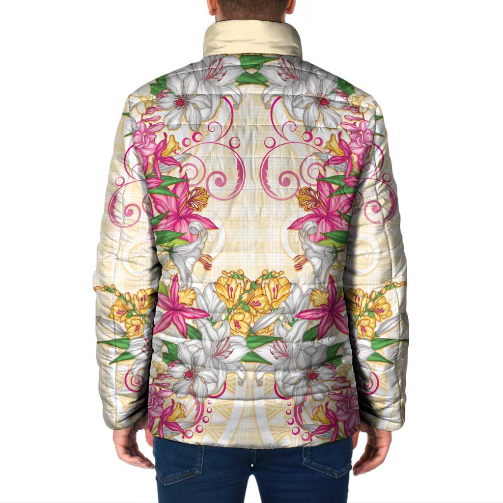 Hawaii Palaka Padded Jacket Yellow Tribal Pattern With Tropical Flowers - Polynesian Pride