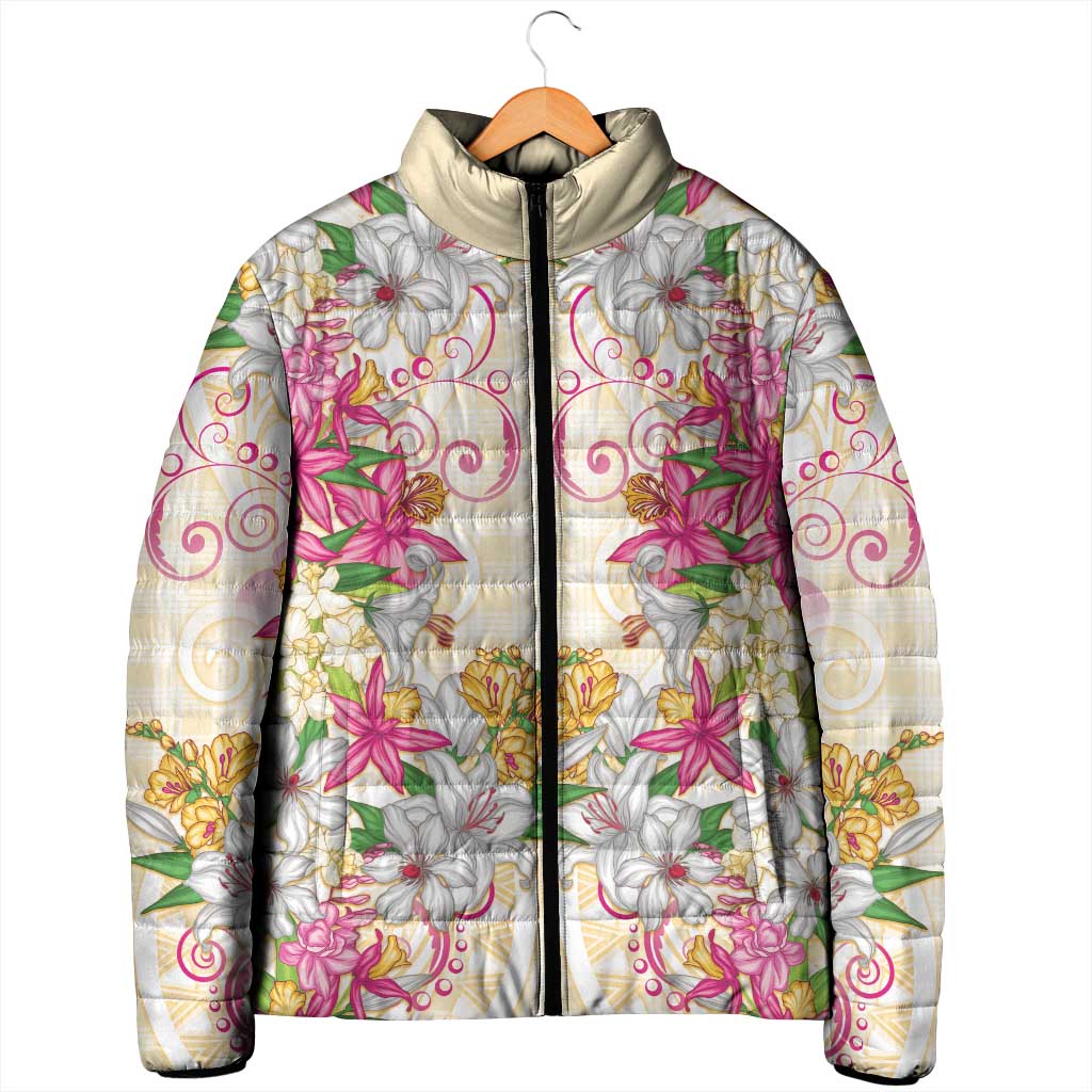 Hawaii Palaka Padded Jacket Yellow Tribal Pattern With Tropical Flowers - Polynesian Pride