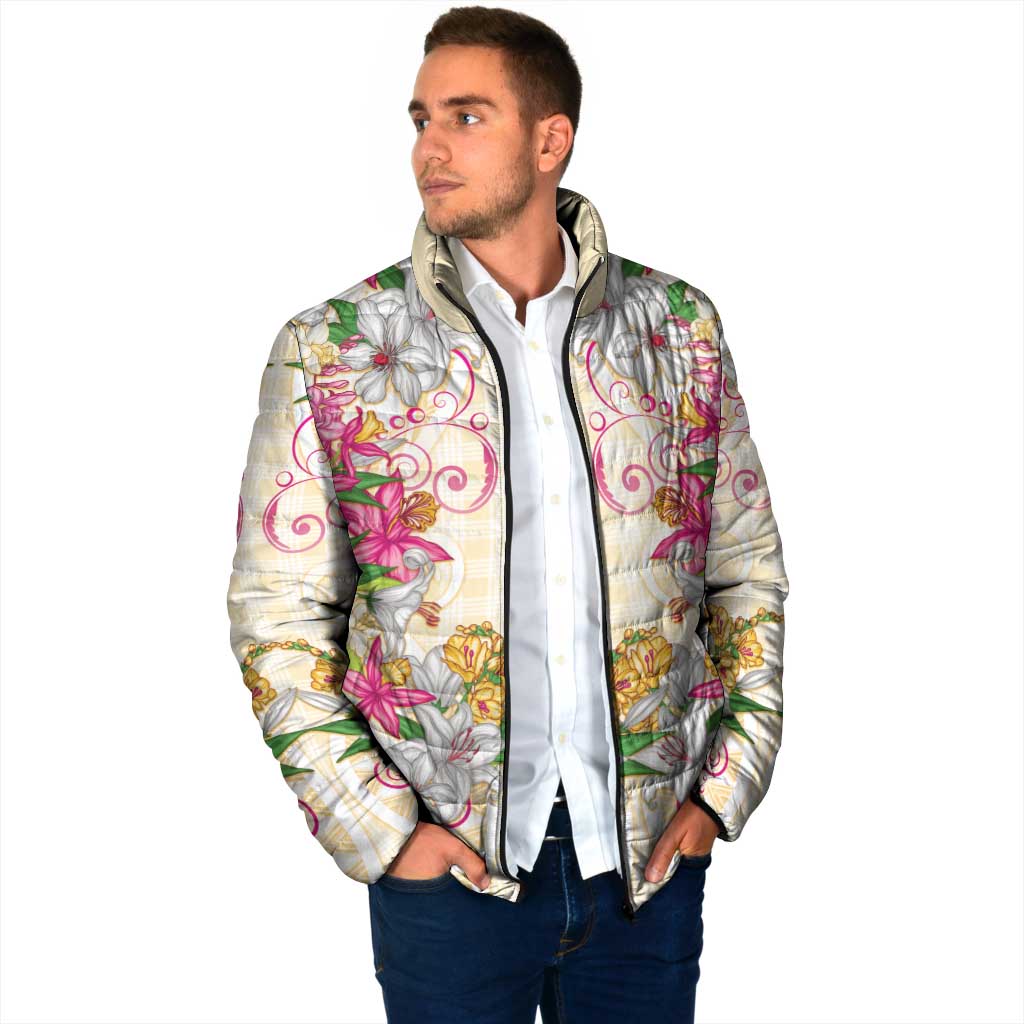 Hawaii Palaka Padded Jacket Yellow Tribal Pattern With Tropical Flowers - Polynesian Pride