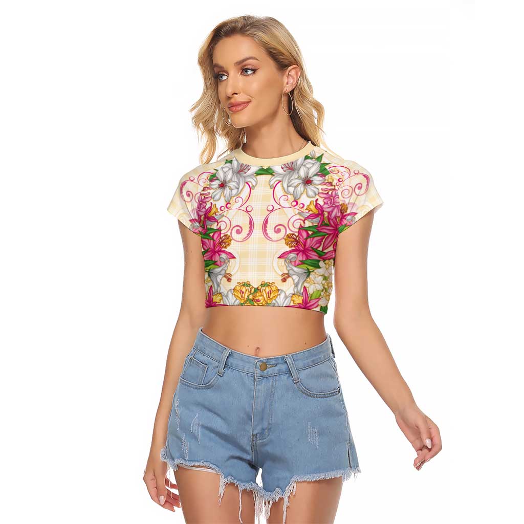 Hawaii Palaka Raglan Cropped T Shirt Yellow Tribal Pattern With Tropical Flowers - Polynesian Pride