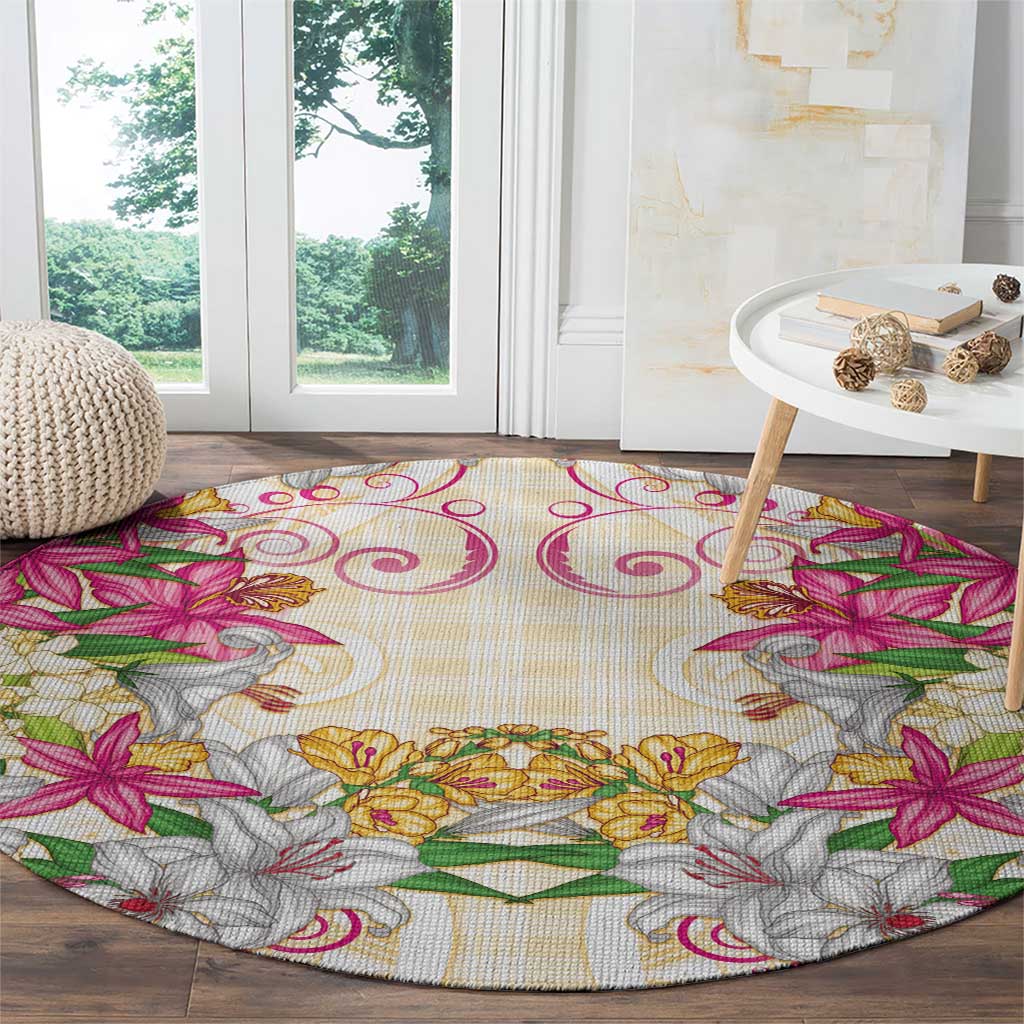 Hawaii Palaka Round Carpet Yellow Tribal Pattern With Tropical Flowers - Polynesian Pride
