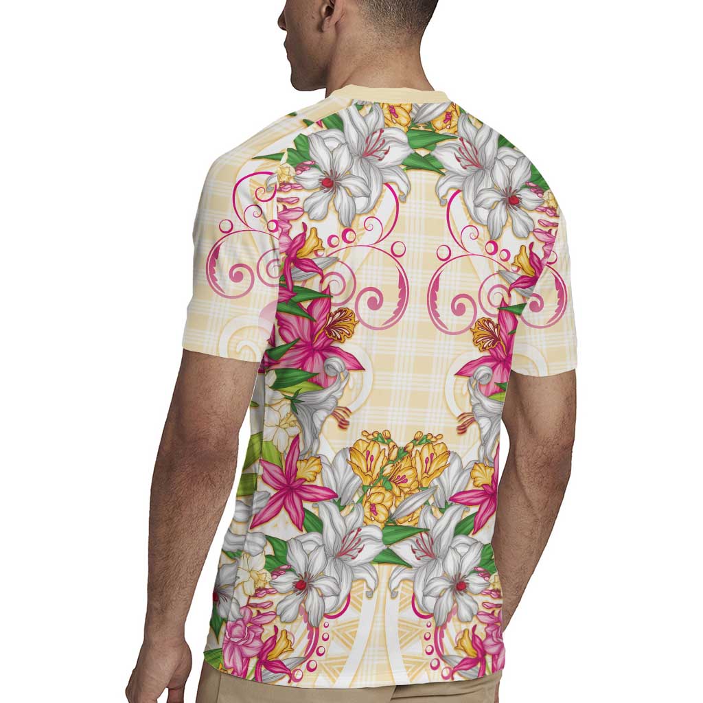 Hawaii Palaka Rugby Jersey Yellow Tribal Pattern With Tropical Flowers - Polynesian Pride
