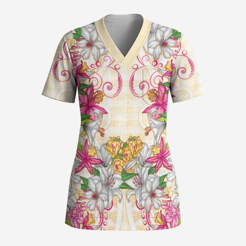 Hawaii Palaka Scrub Top Yellow Tribal Pattern With Tropical Flowers - Polynesian Pride