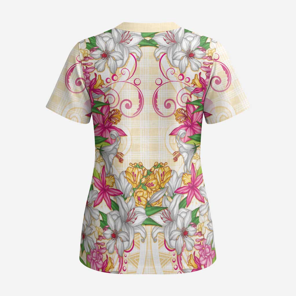 Hawaii Palaka Scrub Top Yellow Tribal Pattern With Tropical Flowers LT05 - Polynesian Pride