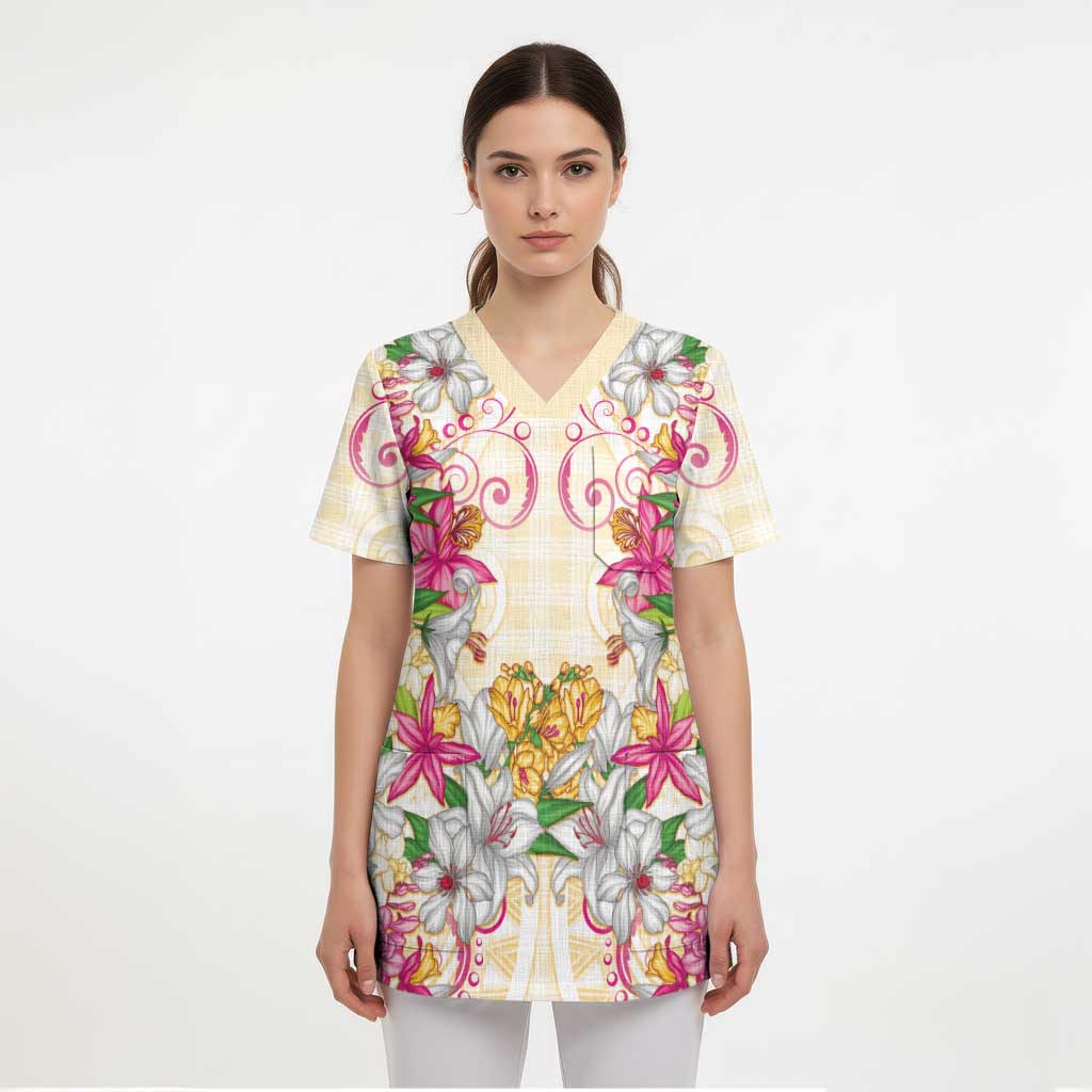 Hawaii Palaka Scrub Top Yellow Tribal Pattern With Tropical Flowers LT05 - Polynesian Pride