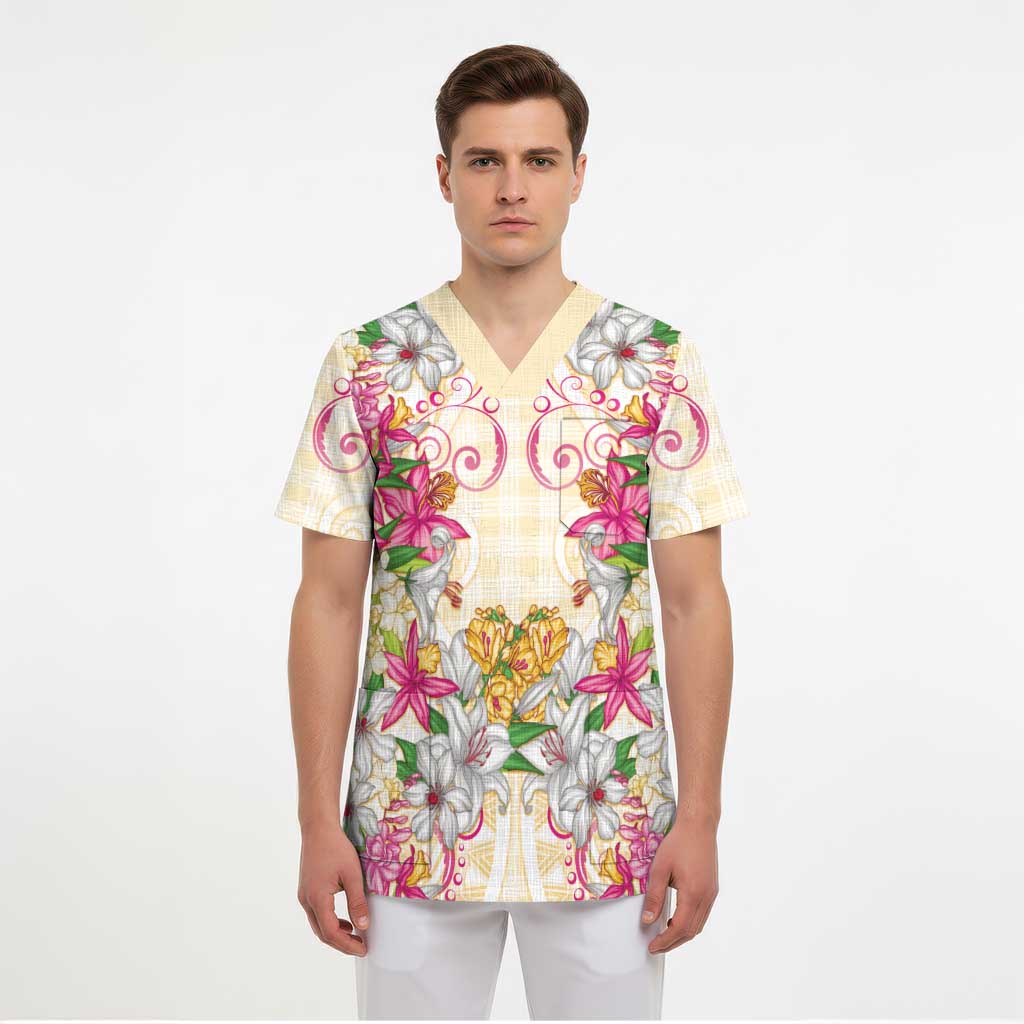 Hawaii Palaka Scrub Top Yellow Tribal Pattern With Tropical Flowers LT05 - Polynesian Pride