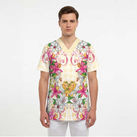 Hawaii Palaka Scrub Top Yellow Tribal Pattern With Tropical Flowers LT05 - Polynesian Pride