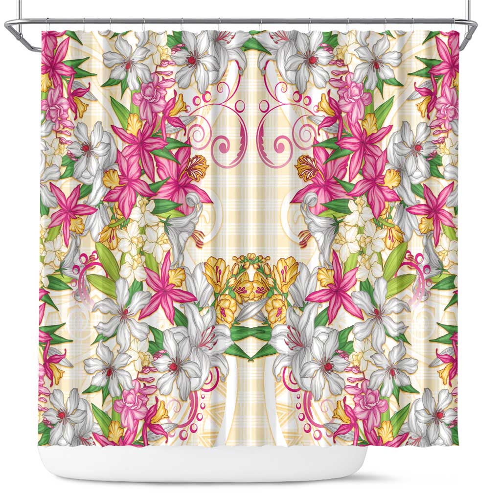 Hawaii Palaka Shower Curtain Yellow Tribal Pattern With Tropical Flowers - Polynesian Pride