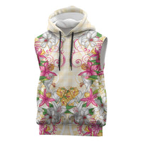Hawaii Palaka Sleeveless Hoodie Yellow Tribal Pattern With Tropical Flowers - Polynesian Pride