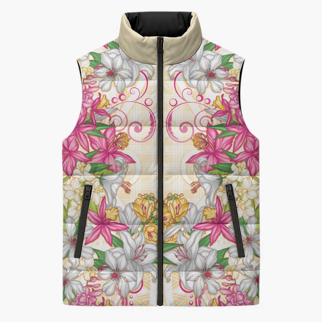 Hawaii Palaka Sleeveless Puffer Jacket Yellow Tribal Pattern With Tropical Flowers - Polynesian Pride