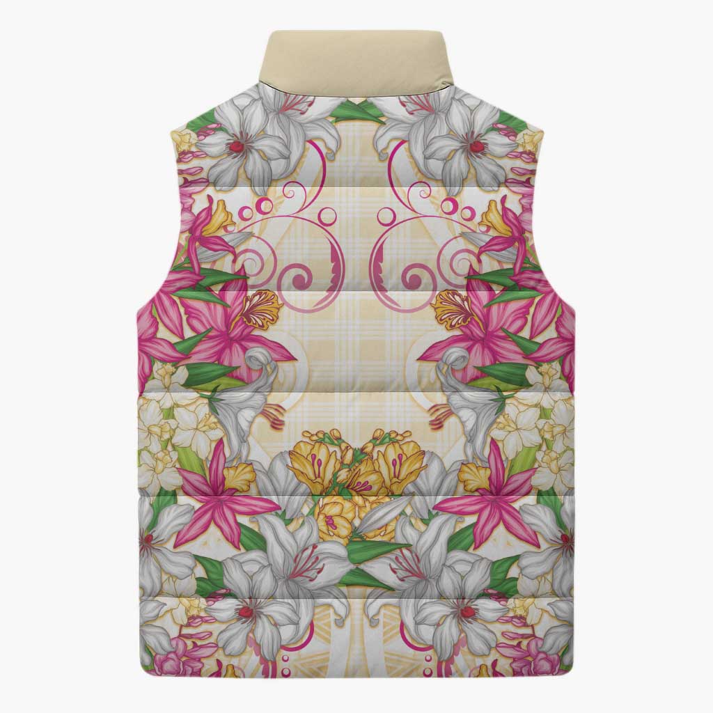 Hawaii Palaka Sleeveless Puffer Jacket Yellow Tribal Pattern With Tropical Flowers - Polynesian Pride