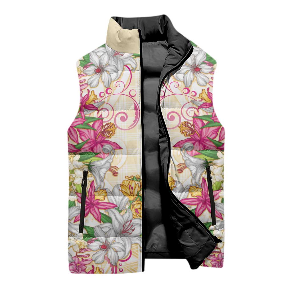 Hawaii Palaka Sleeveless Puffer Jacket Yellow Tribal Pattern With Tropical Flowers - Polynesian Pride