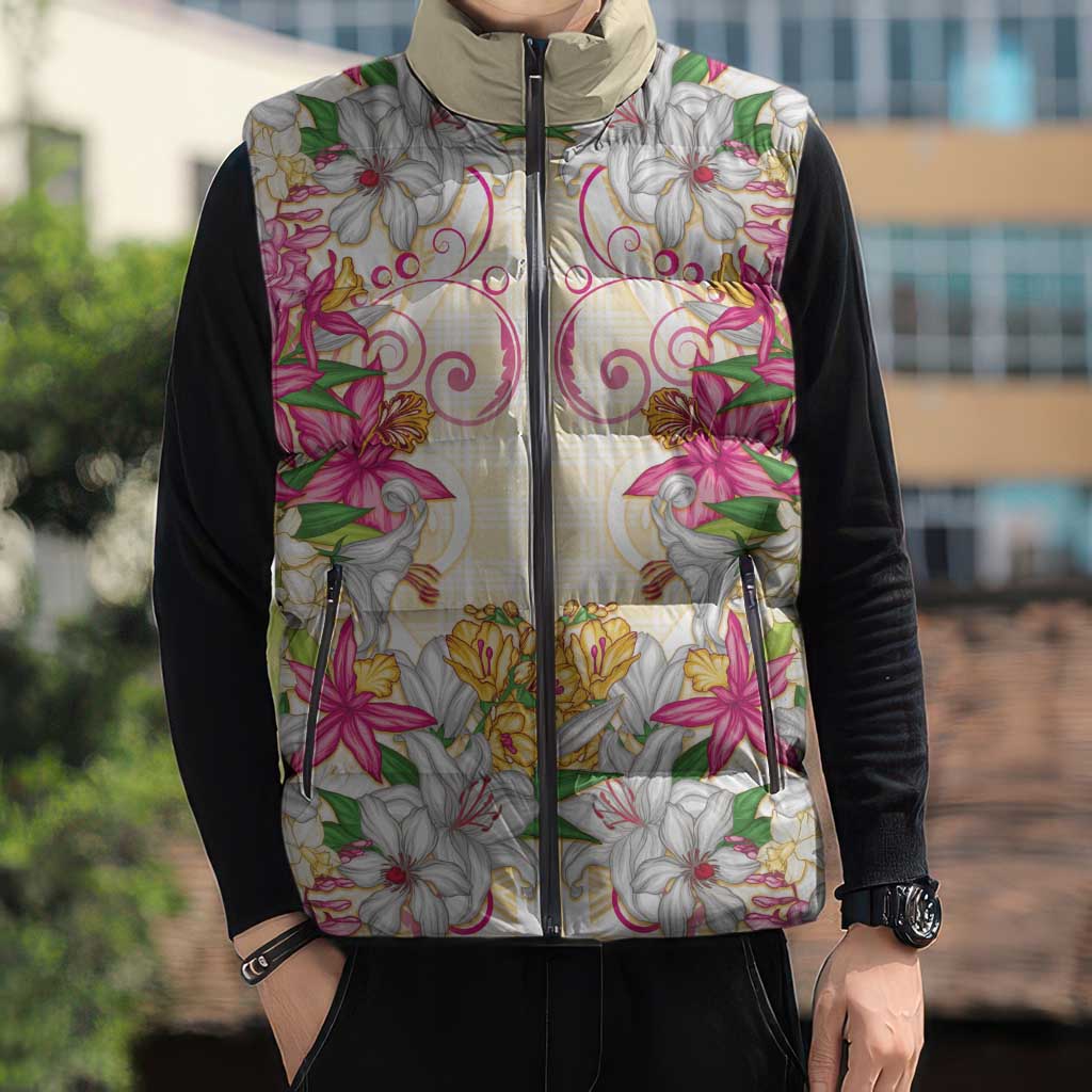 Hawaii Palaka Sleeveless Puffer Jacket Yellow Tribal Pattern With Tropical Flowers - Polynesian Pride