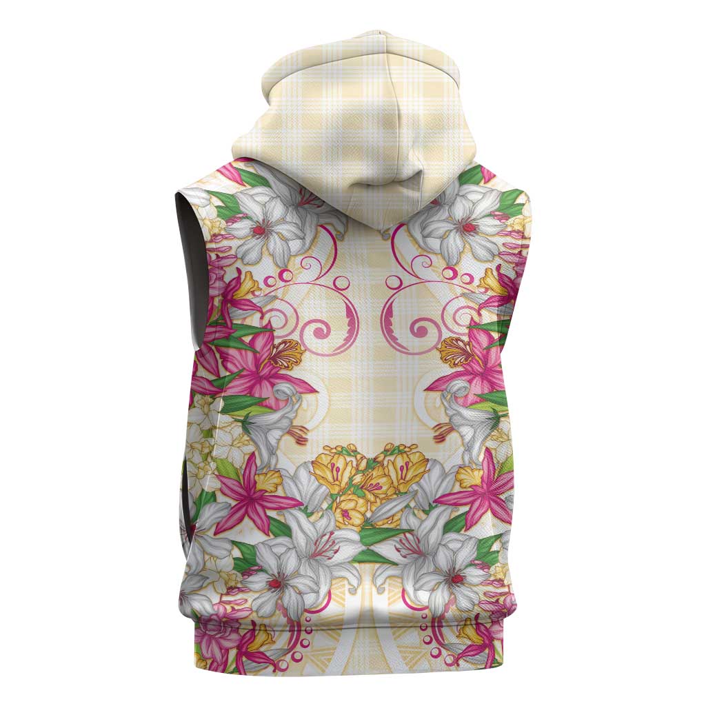 Hawaii Palaka Sleeveless Zip Hoodie Yellow Tribal Pattern With Tropical Flowers - Polynesian Pride