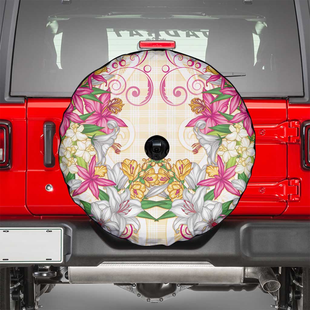Hawaii Palaka Spare Tire Cover Yellow Tribal Pattern With Tropical Flowers - Polynesian Pride
