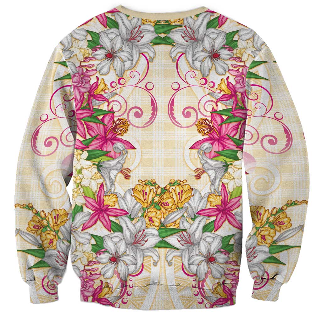 Hawaii Palaka Sweatshirt Yellow Tribal Pattern With Tropical Flowers - Polynesian Pride