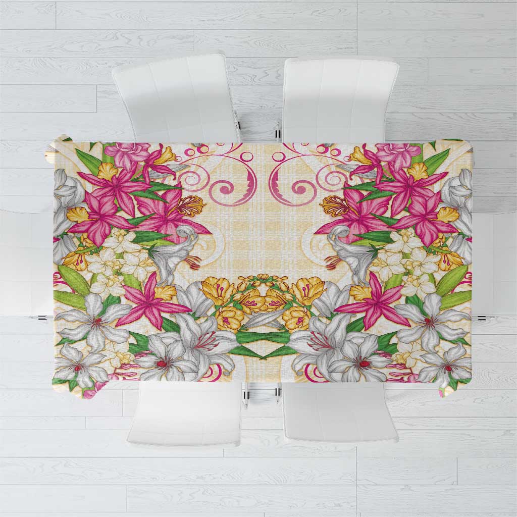 Hawaii Palaka Tablecloth Yellow Tribal Pattern With Tropical Flowers - Polynesian Pride