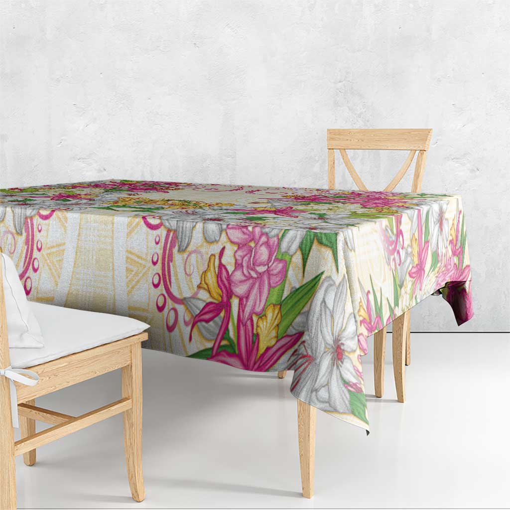 Hawaii Palaka Tablecloth Yellow Tribal Pattern With Tropical Flowers - Polynesian Pride